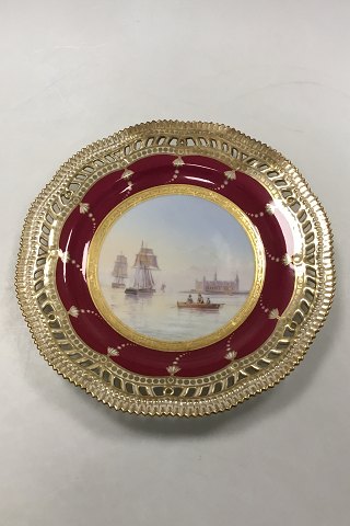 Royal Copenhagen Flora Danica Pattern Plate decorated with motif with ships and 
Kronborg