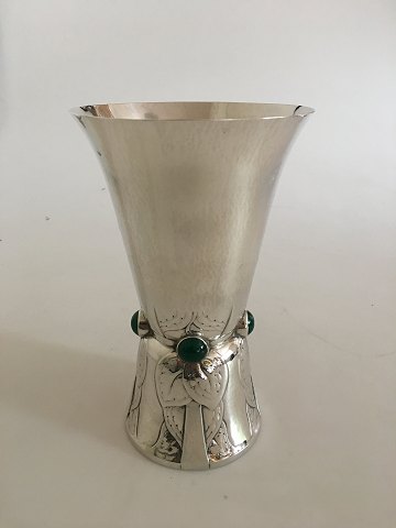 Georg Jensen Sterling Silver Vase no. 116 ornamented with 4 green agates.