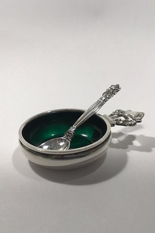 Georg Jensen Sterling Silver Acorn Saltcellar No 62 (Green enamel) and Salt 
Spoon