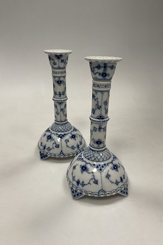 Pair Royal Copenhagen Blue Fluted Full Lace with Gold Candlesticks No 1008